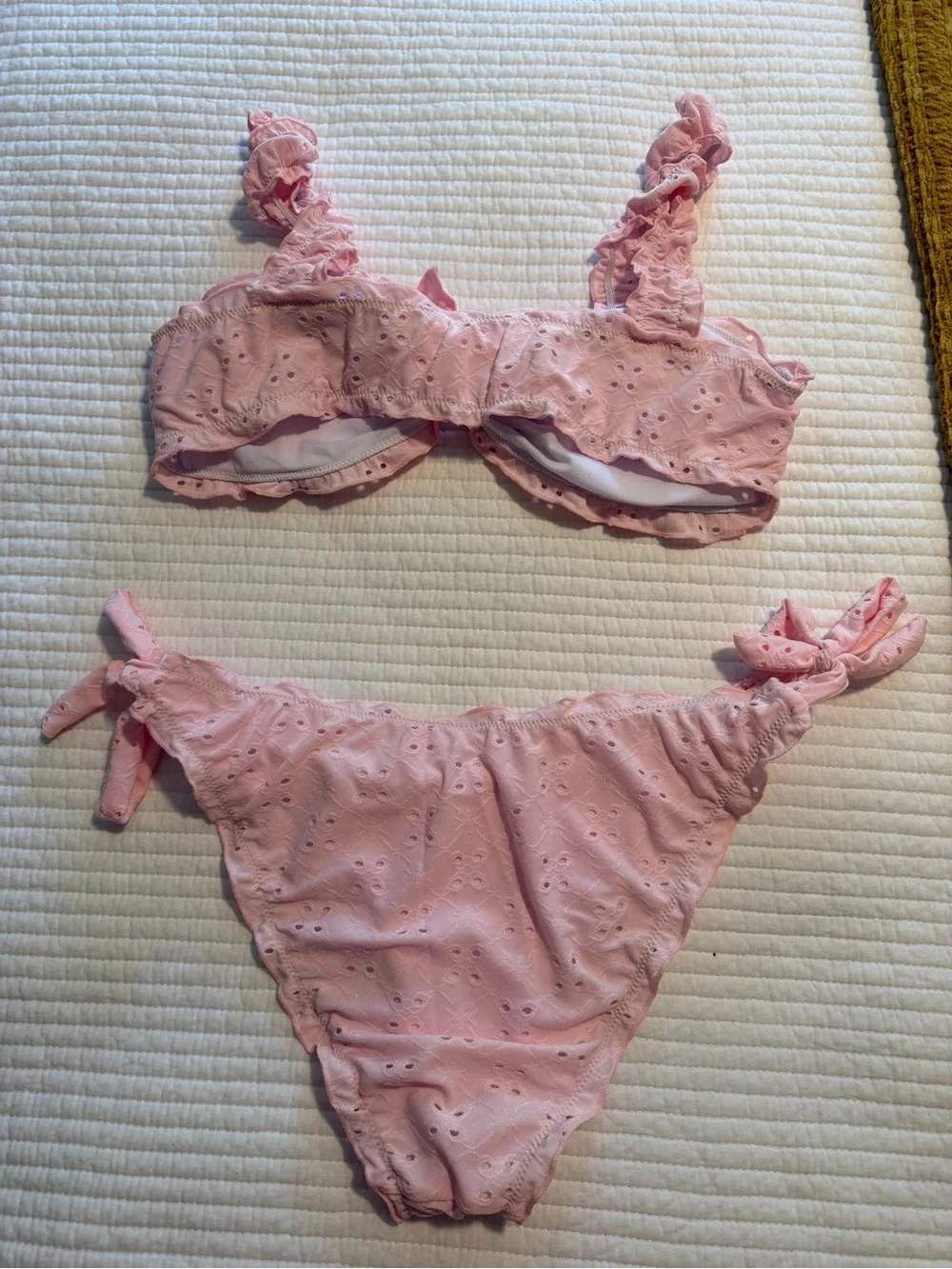 SHEIN Pink Eyelet Ruffle Tie-Side Bikini Set